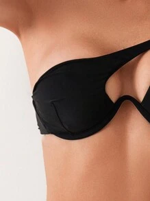 SHEIN Swim 夏季海灘女性單肩無袖中空性感比基尼套裝 - 黑色 - 查看 4