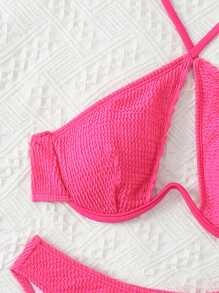 SHEIN Swim 夏季纯色纹理镂空钢圈挂脖比基尼套装 - 玫紅色 - 查看 7