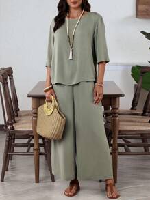 EMERY ROSE 2pcs/Set Women Solid Color Elegant Round Neck Elbow Sleeve Green Wide Leg Pants