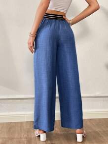 SHEIN Essnce Women's Summer Blue Denim Effect Fashionable V-Shaped Asymmetrical Waist Design Loose Wide-Leg Pants