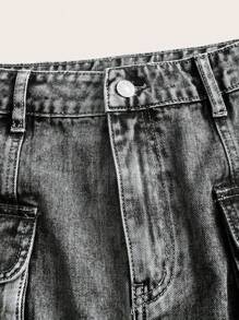 Flap Pocket Denim Skirt - Grey - View 3