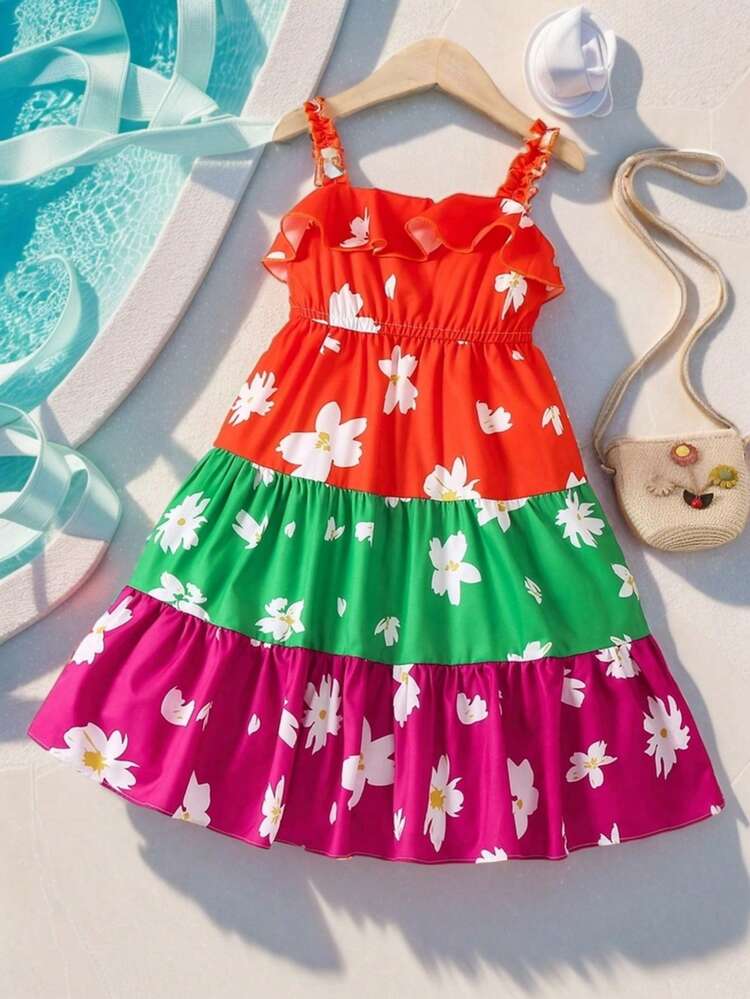 Little Girls' Beach Dress With Floral Print And Color Block Spaghetti Straps For Spring/Summer Vacation