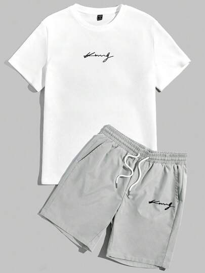 AKNOTIC 夏季男士字母印花圓領短袖休閒T恤和束腰短褲套裝