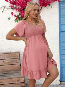 SHEIN Maternity Vacation Casual Solid Color Empire Waist Dress With Ruffle Hemline - Pink - View 3