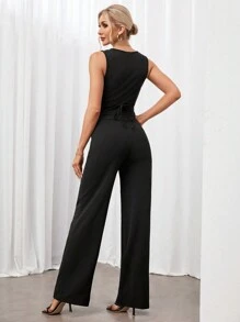 SHEIN Tall 女士夏季純色單排釦背心和褲子日常通勤二件套 - 黑色 - 查看 2
