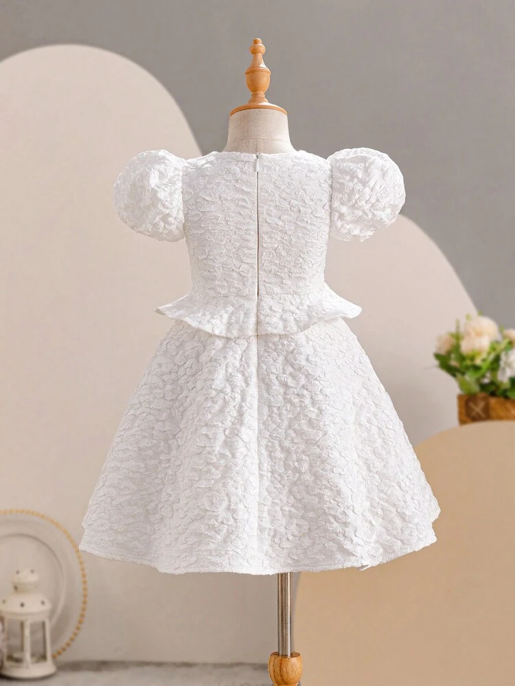 Young Girl Round Neck Puff Sleeve Contrast Bow Decor Double-Layered Fan-Shaped Dress Jacquard Dress