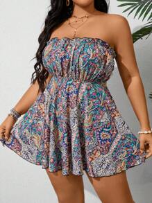 Swim Lushoire Plus Size Summer Beach Casual Paisley Printed Vacation Bandeau Tankini Set - Multicolor - View 4