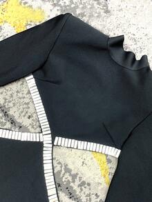 Modphy High Neck Color Block Trim Bodycon Bandage Dress For Holiday Party - Black - View 8