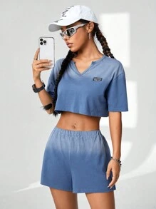SHEIN EZwear Áo thun ngắn tay một vai và quần short nhuộm màu gradient Bộ trang phục 2 món - Rửa tối - Xem 4