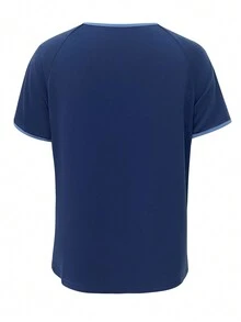 Overlapping V-Neck Short Sleeve Double Pocket Trim Scrub Uniform Top - Navy Blue - View 2