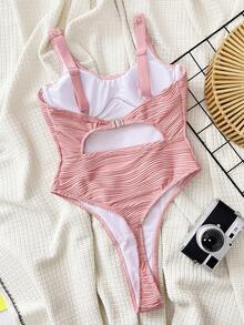 SHEIN Swim 纯色纹理带钢圈露背镂空连体泳衣夏季 - 紅色 - 查看 5