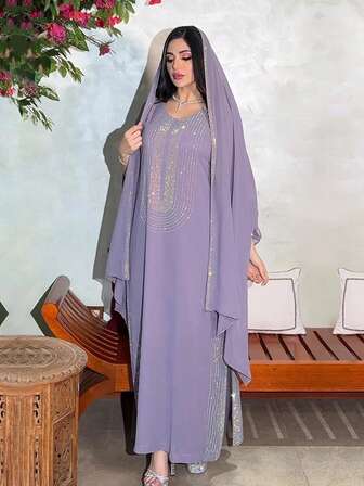 Rochie modestă Abaya cu mânecă lungă violet pentru femei