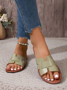 Sandalias planas informales de estilo coreano para mujeres, punta abierta, en primavera/verano/otoño, nuevos zapatos tejidos romanos para playa y resort, zapato plano elegante con falda francesa, ideal para playa, apartamento, en color blanco/beige/negro/naranja/morado/gris/dorado/plata/azul/verde/rosado/marrón/con estampado de leopardo francés, formales, vacaciones, estilo bohemio, en azul marino, zapatos de caminar, sandalias de rhinestone, zapatos de tacón grueso para mujeres, cómodos zapatos planos gruesos para playa, zuecos brillantes atados, pantuflas - Verde Oliva - Ver 5