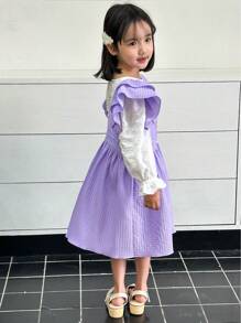 2pcs Young Girl Textured Ruffle Sleeve Top And Ruffle Armhole Dress Set - Purple - View 5