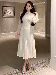 DAZY Robe longue à manches longues en patchwork pour femmes, robe de bal d'anniversaire, volants, robe d'automne maxi - Beige - Voir 4