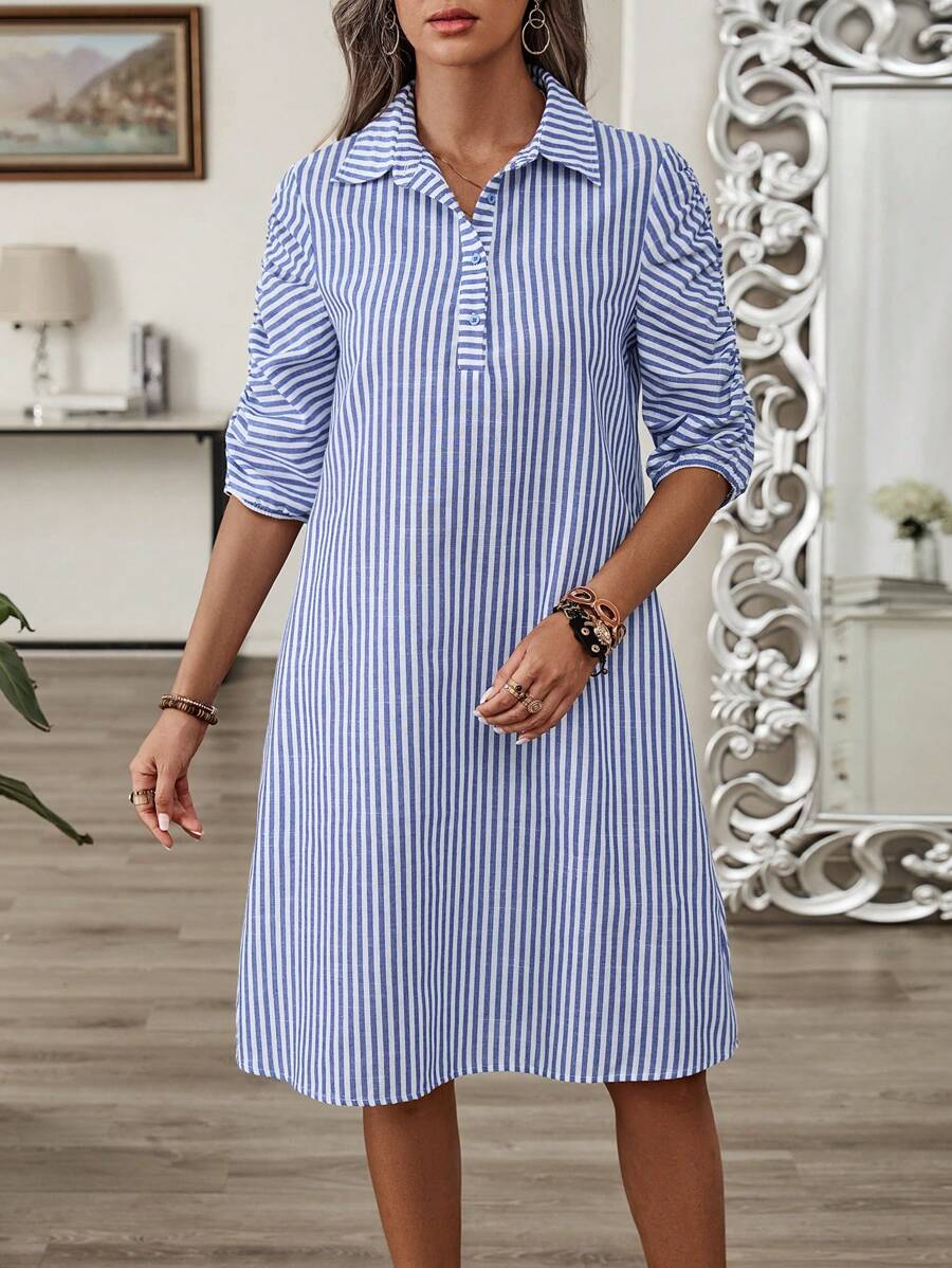 EMERY ROSE 夏季女士条纹亚麻立领连衣裙，独特袖子和褶皱 - 彩色 - 查看 1