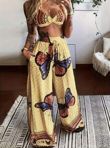 Slaydiva Summer / Beach Vacation Suspenders, Ultra-Cut Top, Wide-Legged Ultra-Long Pants, All-Over Butterfly Print Women's Two-Piece Set-C - Multicolor - View 2