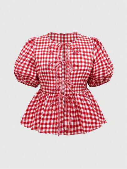 Kawaii Plus Size Gingham Printed Spaghetti Strap Puff Sleeve Summer Top, School