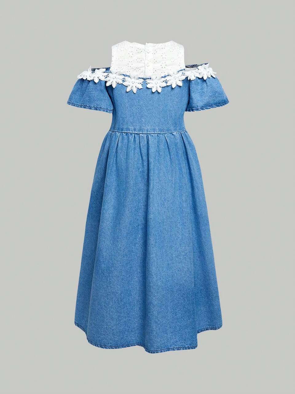 Young Girl Denim Dress, Washed Casual Fashionable Elegant Lace & Flower Patched Sundress, Perfect For Holidays, Outdoors, Beach, & Music Festivals