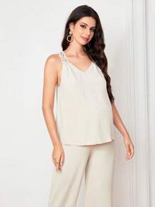 SHEIN Summer Maternity V-Neck Vest And Wide Leg Pants 2pcs Set - Apricot - View 5