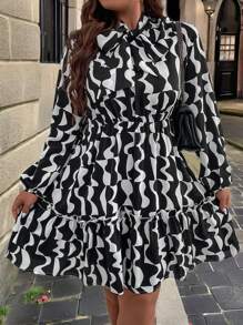 SHEIN Clasi Plus Allover Print Tie Neck Ruffle Hem Dress - Black and White - View 1