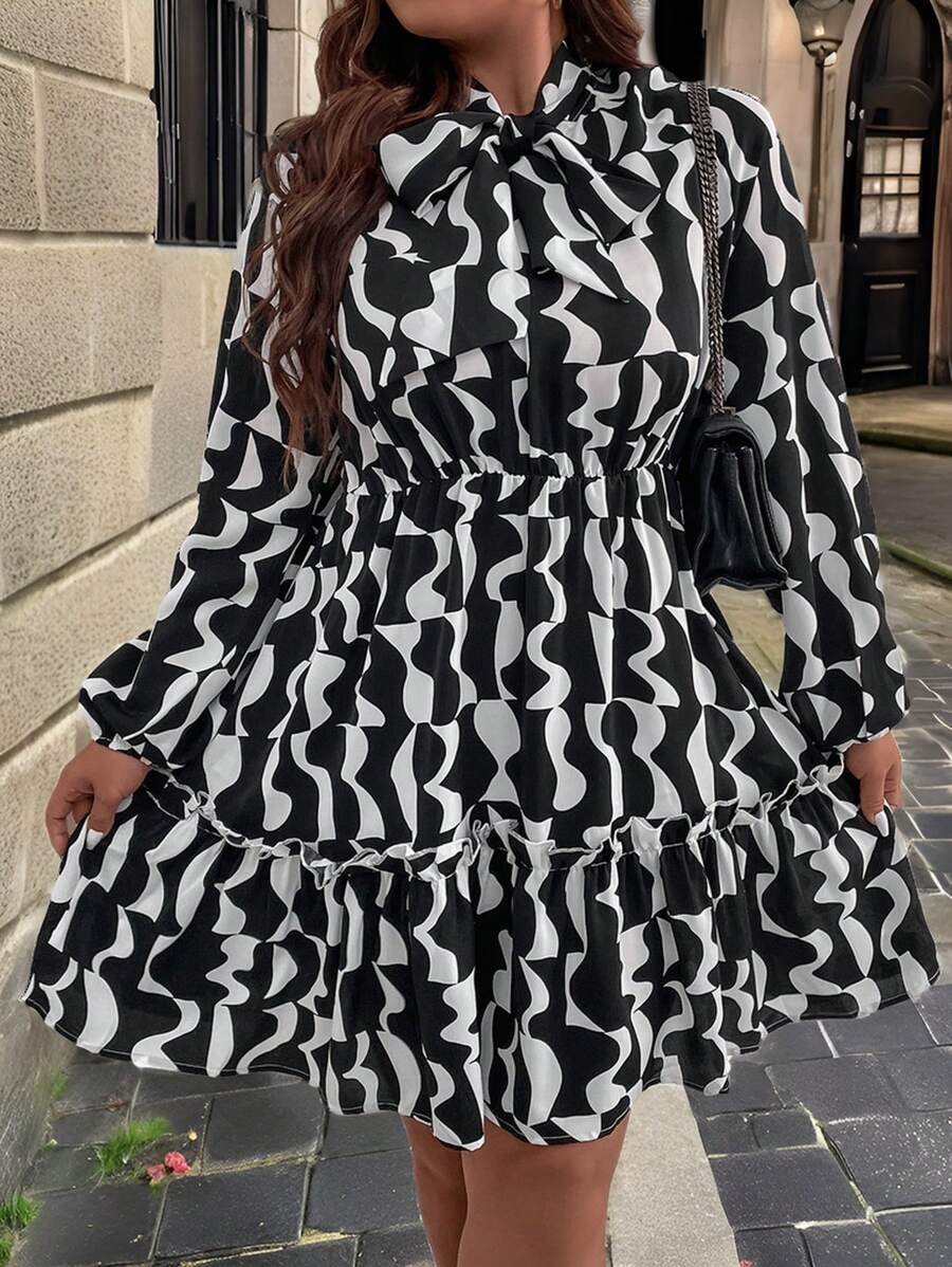 SHEIN Clasi Plus Allover Print Tie Neck Ruffle Hem Dress - Black and White - View 1