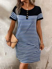 EMERY ROSE Ladies' Summer Striped Round Neck Button Front Semi-Placket Short Sleeve Casual T-Shirt Dress - Navy Blue - View 3