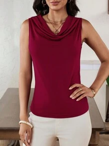EMERY ROSE Elegant Wine Red Sleeveless Women Blouse With Collar, Perfect For Office Wear