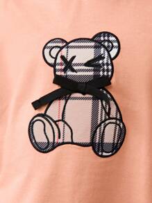 SHEIN Young Girl Daily Street Fashion Knitted Short Sleeve T-Shirt And Shorts Set Plaid Young Girls Sets - Dusty Pink - View 4