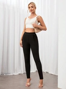 SHEIN Tall 黑色修身女褲，具斜口袋設計 - 黑色 - 查看 6