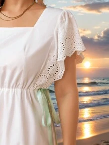 Aveloria Vestido de manga corta para mujer con bordado aleatorio