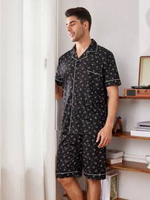 Men's Star Printed Single Breasted Short-Sleeved Top And Plaid Shorts Casual Home Suit Set