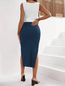 SHEIN 孕婦夏季純色圓領側拉繩背心上衣和波點印花側開叉中長裙假日2件套裝