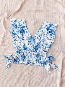SHEIN Dreamara Áo cánh cổ chữ V in hoa màu xanh và trắng dành cho nữ ngày lễ có thắt nơ ở eo và viền bèo nhún - Xanh và trắng - Xem 2