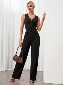 SHEIN Tall 女士夏季純色單排釦背心和褲子日常通勤二件套 - 黑色 - 查看 4
