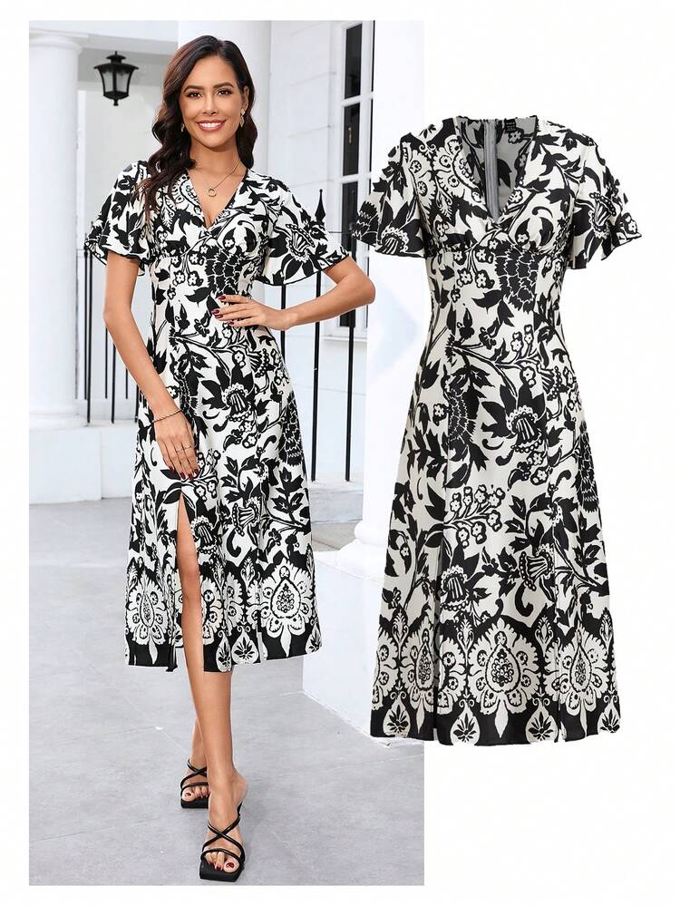 Women Summer Casual Plant Print Lotus Leaf Sleeve Open Split Mid-Length Dress