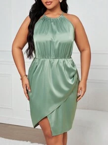 SHEIN Clasi Plus Size Women's Elegant Pleated Halter Neck Wrap Hem Bodycon Dress For Summer, Wedding Guest Dress - Green - View 1