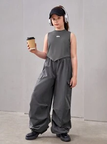 SHEIN Tween Girl Extended Size Casual Knit Solid Color Sleeveless Tank Top And Cargo Pants Set For Spring/Summer - Grey - View 6