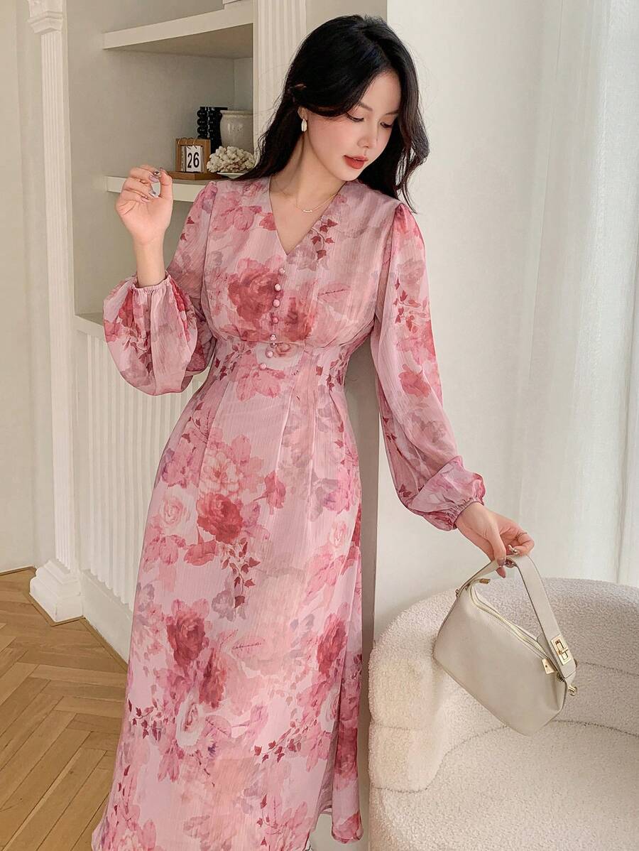 DAZY 雪紡小花V領束腰長袖連衣裙，長度到腳踝 - 彩色 - 查看 1