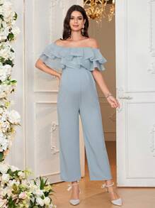 SHEIN Maternity Cozy Afternoon Leisure Off Shoulder Knit Solid Color Splicing Double Layered Ruffle Long Jumpsuit - Baby Blue - View 3