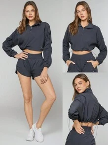 GLOWMODE Woven Airy Lightweight Loose Adjustable Sleeves Half-Zip Collar Crop Pullover Gym Workout Running - Iron Gray - View 9
