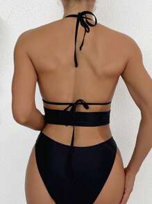 SHEIN Swim Women's Solid Color Hollow Out Twist Back Halter Neck Bikini Set,Summer Beach - Black - View 2