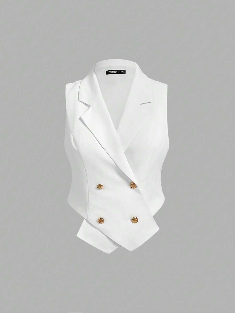SHEIN MOD Women Plus Size Double-Breasted White Vest Jacket Blazer Coat In Fall/Winter - White - View 1
