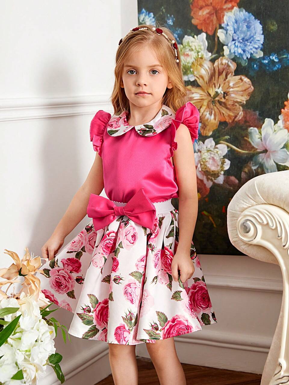 Young Girl's Patchwork Peter Pan Collar Shirt With Bow Decor & Floral Print Skirt Set