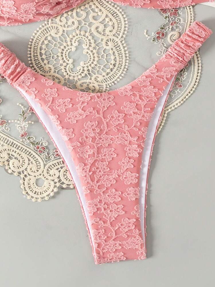 Women's Floral Jacquard Halter Bikini Set With Circular Ring Detail, Perfect For Vacation,Summer Beach
