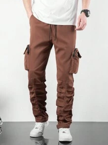 Manfinity Homme Pleated Zipper & 3d Pockets Design Men's Pants - Brown - View 5