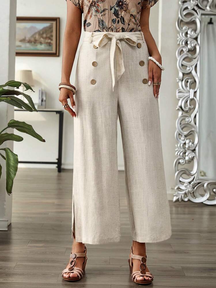 Casual Linen Wide Leg Pants With Wooden Button Decor And Side Slits