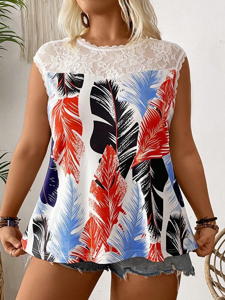 Plus Size Lace Trimmed Floral Printed Plant Pattern Women's Summer Tank Top, Holiday