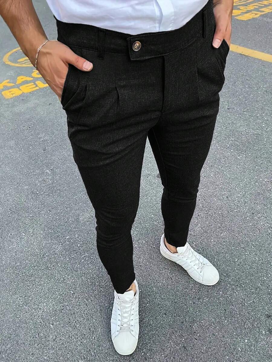Men's Casual Solid Color Tapered Suit Pants - Black - View 1