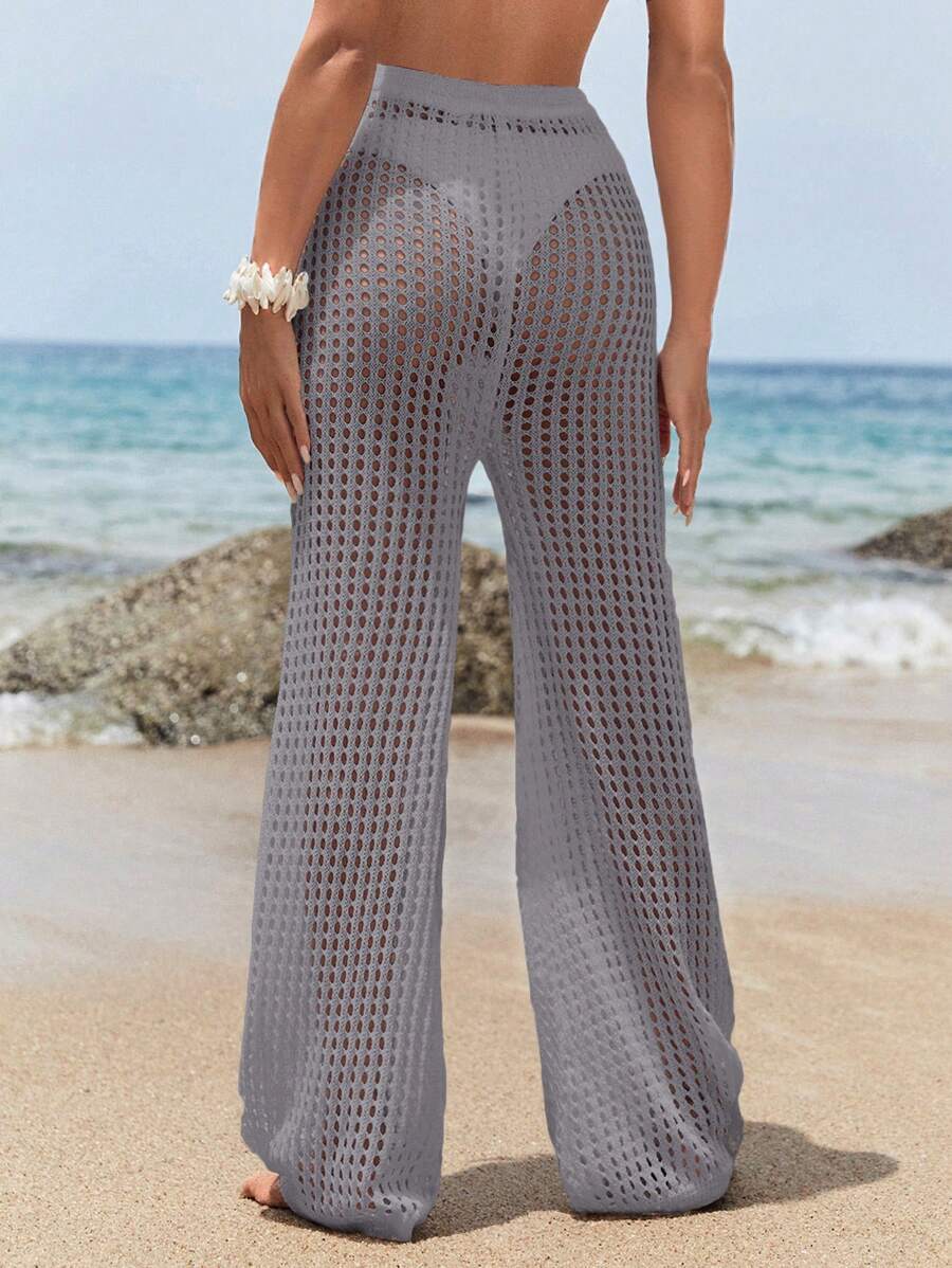 SHEIN Swim Holiday Pool Solid Hollow Knitted Cover Up Pants,Summer Beach - Dusty Purple - View 1